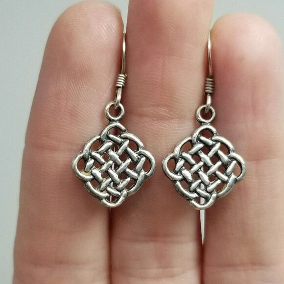 Vintage Sterling Silver Celtic Knot Style Dangle Earrings, 925 Hooks, Estate - Picture 2 of 7